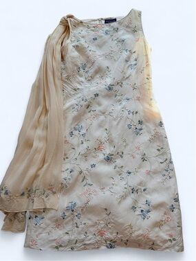 Vintage Ann Taylor 100% Silk Embroidered Floral Dress + Scarf 4P